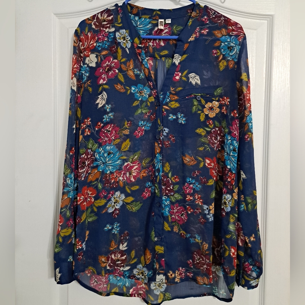 KUT from the Kloth Floral Sheer Navy Blue Sinclaire Blouse L